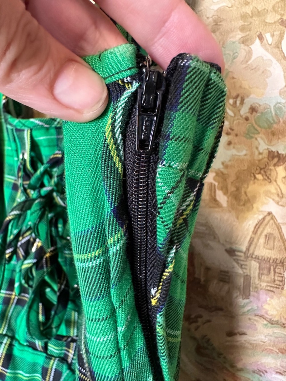Hot Topic green lace up tartan dress with pockets - Picture 3 of 7
